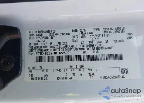 2017 Ford F-150 Xlt z USA, uszkodzony, nr VIN 1FTEX1E89HKD22500